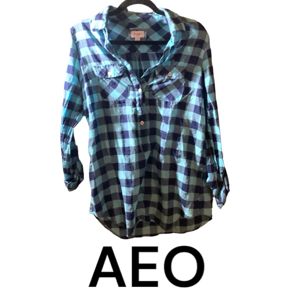 AEO PLAID 3/4 BUTTON TOP-4